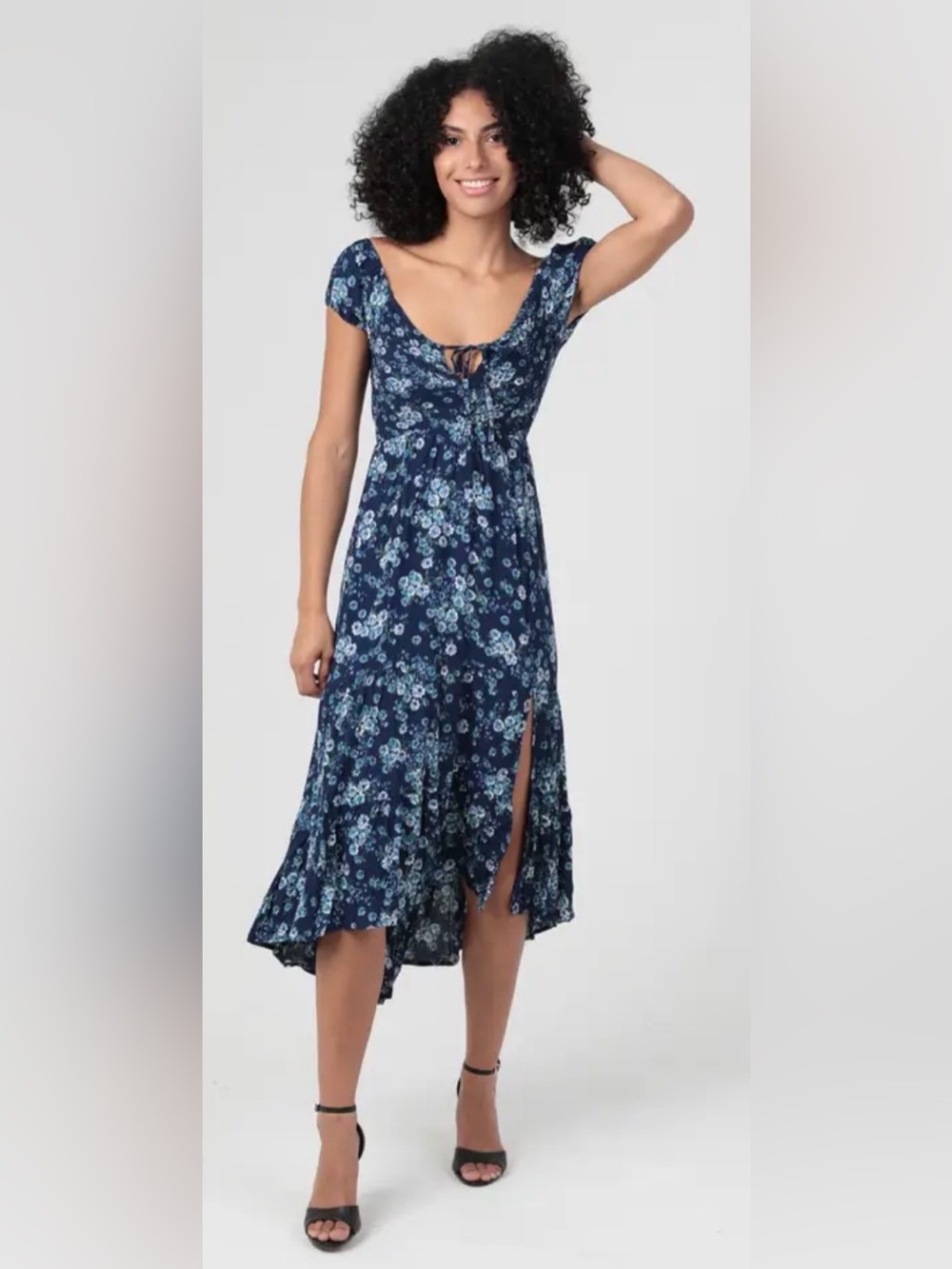 NWT Angie deep V neck smocked bodice twist back hi lo hem dress